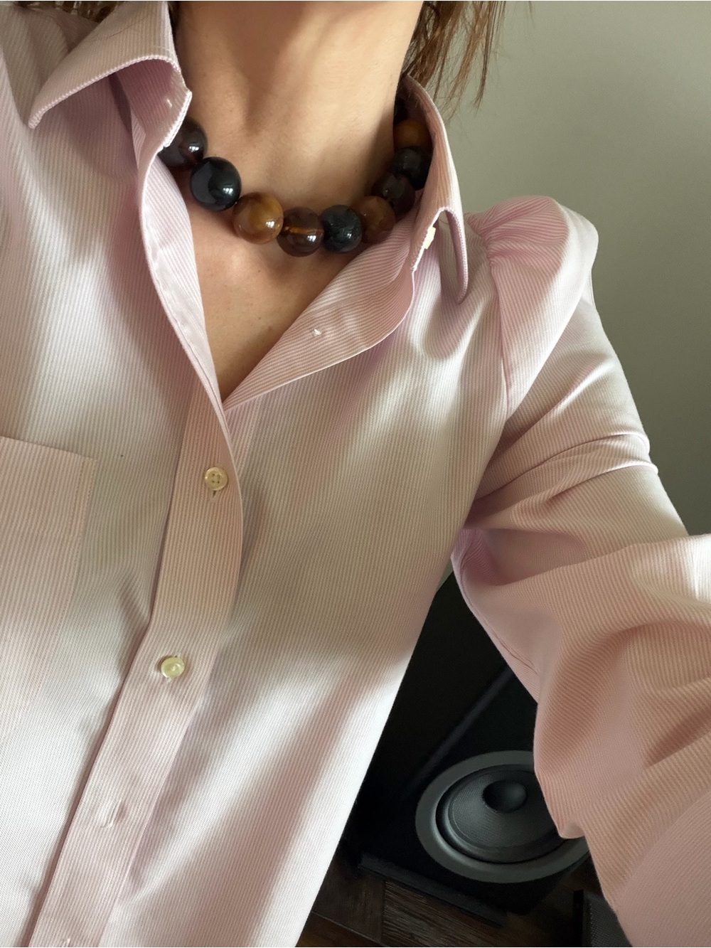 KMJ "Daisy" Button-Down Blouse - Light Pink and white stripes